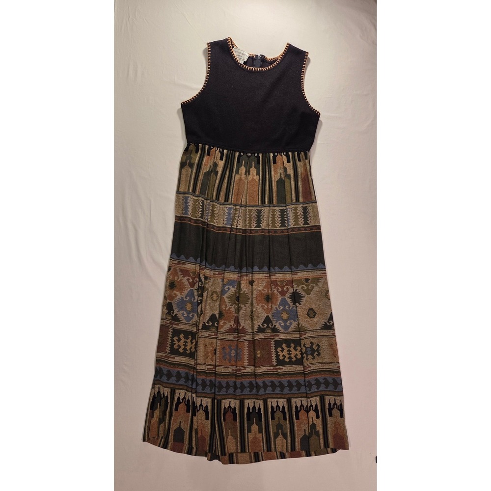Vtg Karin Stevens Sleeveless Maxi Dress Size 6 Petite Embroidered Aztec‎ Print
